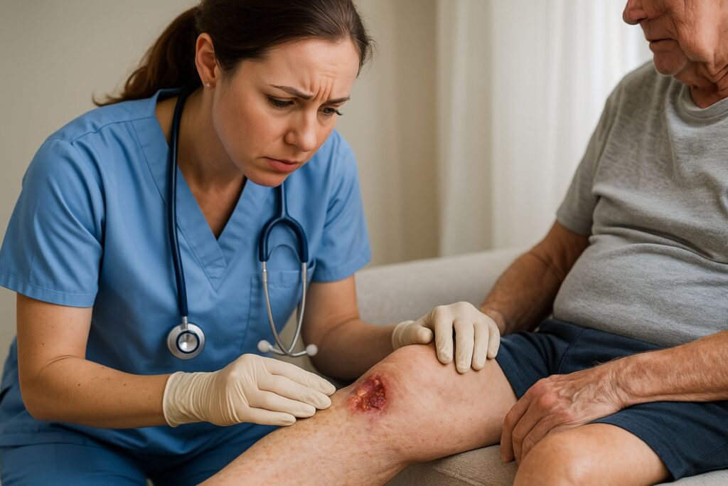 enfermera evaluando paciente con cuidadora de pacientes a domicilio